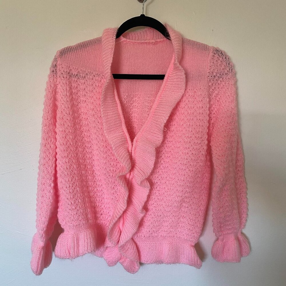 Handmade Baby Pink Knit Ruffle Trim Cardigan